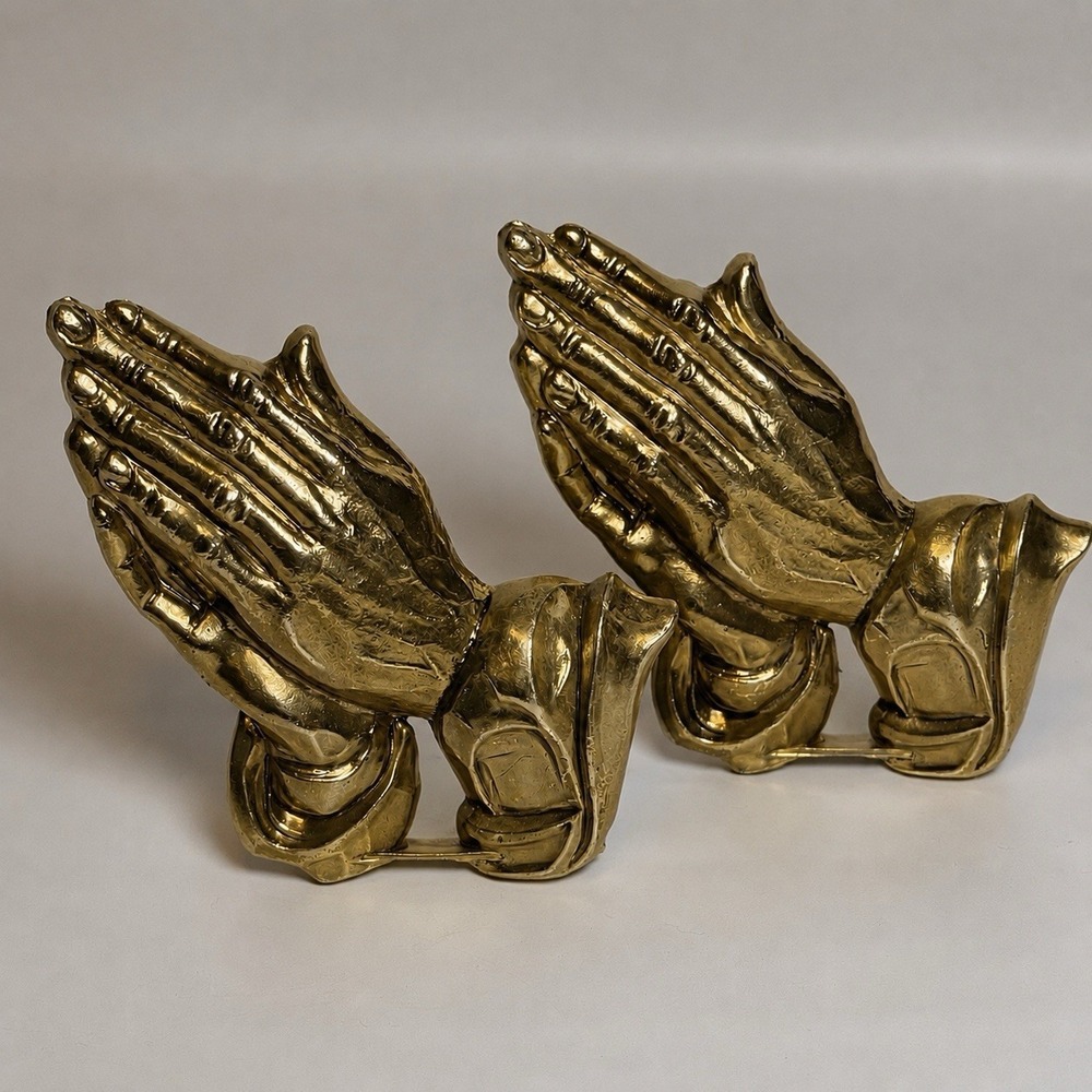 Vintage Brass Praying Hands Bookends Religious Christian Decor Pair MCM